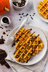 Pumpkin waffles with chocolate and icing sugar on light background and old rustic breakfast table. Top view.