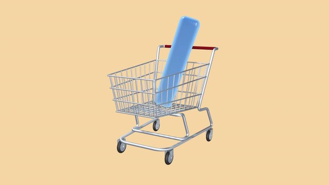 Virtual sign a vote or a choice and a grocery cart as a symbol of trade. The animation of the sale and purchase of votes or polls. Green isolated screen. Animation 3d icons.