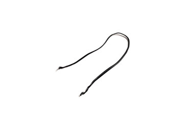 Obraz premium Black used piece of wire for pulling electric cables and other things on a white background isolate. Black plastic coated wire tie. Cable flexible tie tools for packing. Top view.