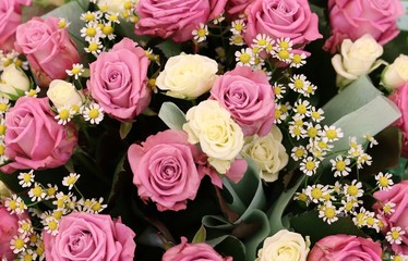 Flower arrangements. Beautiful bouquets for the holidays. Floral background, copy space. Valentines day gifts. Roses background