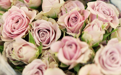 Flower arrangements. Beautiful bouquets for the holidays. Floral background, copy space. Valentines day gifts. Roses background