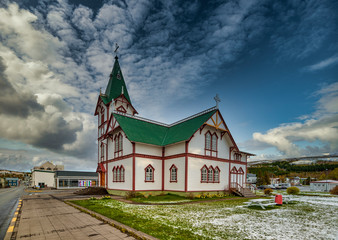 Husavik Church. Beautiful view of the historic town of Husavik.