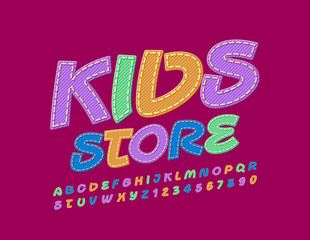 Vector colorful banner Kids Store with denim style Font. Bright jeans Alphabet Letters and Numbers