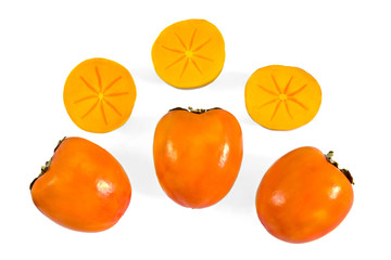 Top view fresh organic ripe Persimmon ( Diospyros) khaki fruit isolated on white background.