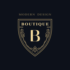 Luxury Monogram. Graceful Template. Elegant Line Art Logo Design. Letter B. Emblem Identity for Restaurant, Royalty, Boutique, Cafe, Hotel, Heraldic, Jewelry, Fashion, Wine, Badge. Vector illustration