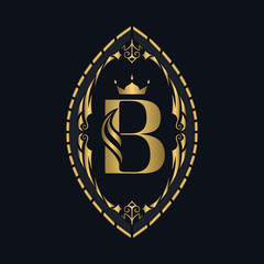 Vintage Ornament with Graceful Capital Letter B. Stylish Royal Emblem. Gold Logo. Drawn Luxury Monogram for Book Design, Brand Name, Business Card, Restaurant, Boutique, Hotel. Vector illustration