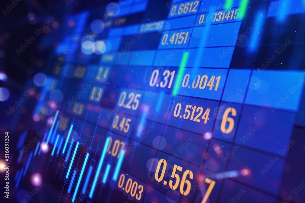Poster Forex and statistics concept with financial chart, digits and blurry background. 3D Rendering