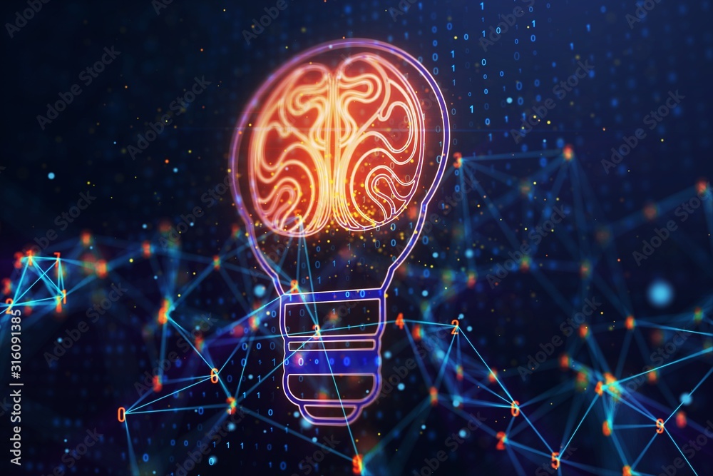 Poster Light bulb symbol with brain, idea and solution concept. 3D Rendering