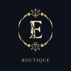 Round Ornament with Graceful Capital Letter E. Stylish Royal Emblem. Creative Logo. Drawn Luxury Monogram for Book Design, Brand Name, Business Card, Restaurant, Boutique, Hotel. Vector illustration