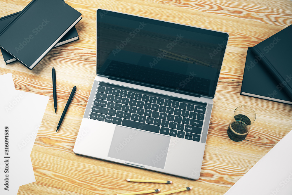 Poster top view of desktop with laptop and work accessories, mockup. 3d rendering