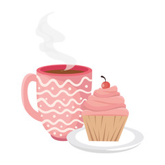 delicious cupcake and cup coffee isolated icon