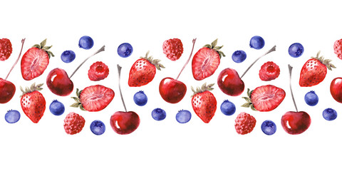 Watercolor seamless border with various cupcakes and ripe strawberries, blueberries, cherries and raspberries