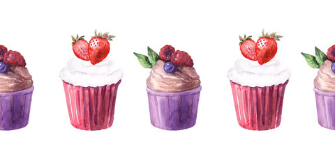 Watercolor seamless border with various cupcakes and ripe strawberries, blueberries, cherries and raspberries