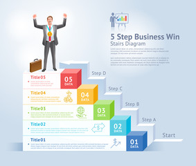 5 steps to business win concept. Businessman Men standing holding gold trophies on top infographics..