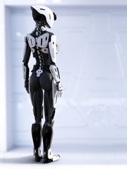 3D rendering of a female android robot with back against camera. © Sarah Holmlund