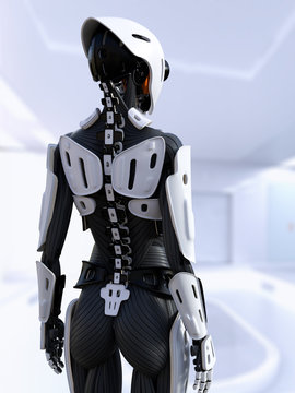 3D rendering of a female android robot with back against camera.