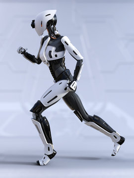 3D rendering of a female android robot running.