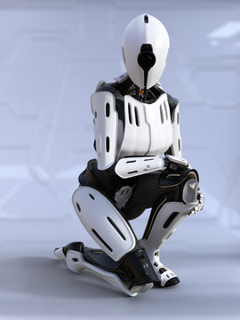 3D rendering of a female android robot crouching.