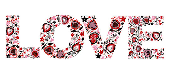 Word Love made from folk flowers, dots, abstract hearts on white background. Floral decor for the wedding and St. Valentine's Day. Template for greeting card. Hand made gouache illustration.