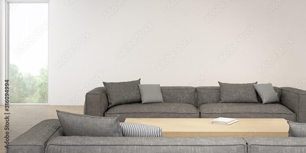 Poster perspective of modern living room with timber table and grey sofa on nature background. 3d rendering