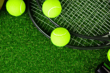 Tennis balls on  grass close up. Tennis equipment