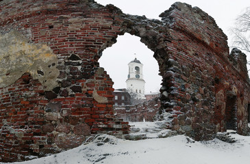 View of the clock tower from the window of the destroyed Church, Vyborg, Russia