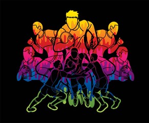 Fototapeta na wymiar Group of Rugby players action cartoon graphic vector.