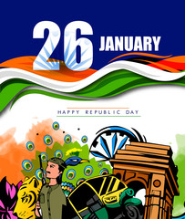 Illustration of wave abstract of Happy Indian Republic day celebration poster or banner background with text 26 January and Indian Flag 