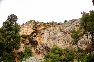 Fototapeta na wymiar Earthquake epicenter Athens Parnitha mount. A fracture in the rock sulfur cave make up the earth's crust,reverse fault geology