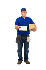 asian delivery man working in blue shirt with Waist bag for equipment hand holding parcel and presenting receiving form for signing isolated white background