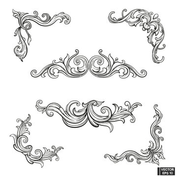 Set of element baroque engraving floral scroll