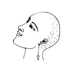Vector illustration with a portrait of a young feminist woman. Line drawing of a girl bald in profile with a sign of feminism looking up. Outline