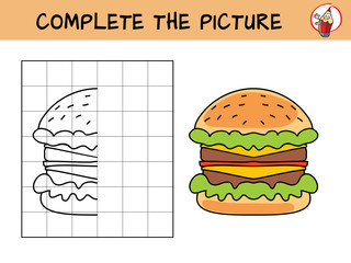 Complete the picture of a burger. Copy the picture. Coloring book. Educational game for children. Cartoon vector illustration