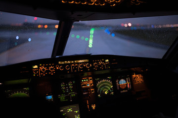 Modern cockpit a commercial airliner airplane during takeoff, taxing in an airport