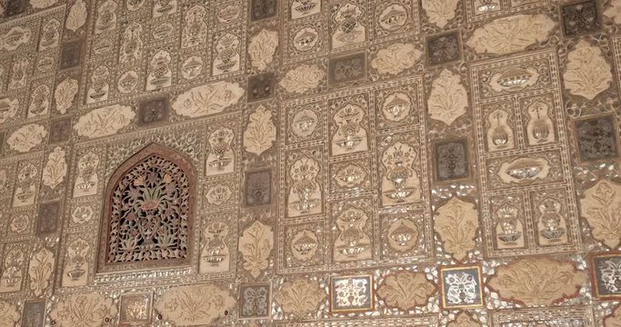 Wall of famoust torist landmark the Mirror Room Inside Sheesh Mahal in Amer (Amber) Fort