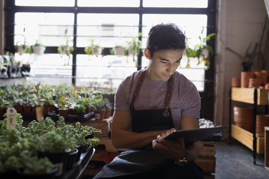 Male shop owner using digital tablet in plant shop