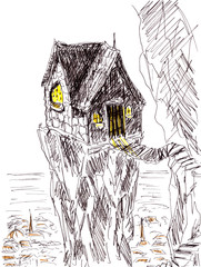 graphic drawing of a hut on a high cliff
