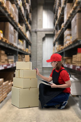 Female staff and parcel boxes checking stock and Blurred the background of the warehouse