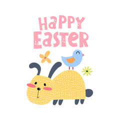happy easter caricature bunny, bird, hand drawing lettering, flowers, decor elements. festive colorful vector illustration. Design for greeting cards, decoration posters, covers.