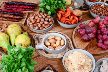Hazelnuts, walnuts. Fresh fruits and candied fruits, pears and grapes. Nut cookies with condensed milk, churchhela.