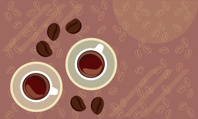 Two cups of coffee, top view, flat design, coffee beans background, copy space. 