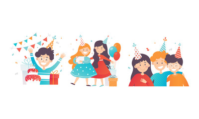 Fototapeta premium Children Having Fun at Birthday Party Vector Illustrations Set