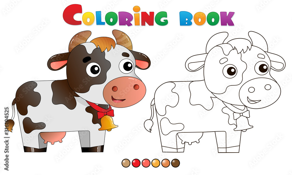 Wall mural coloring page outline of cartoon cow with bell. farm animals. coloring book for kids.