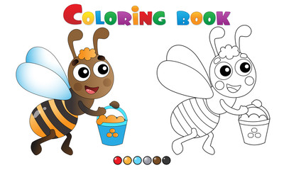 Coloring Page Outline of cartoon bee with honey. Coloring book for kids.