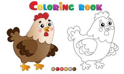 Coloring Page Outline of cartoon chicken or hen. Farm animals. Coloring book for kids.