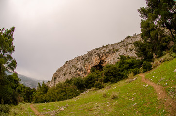 Earthquake epicenter Athens Parnitha mount. A fracture in the rock sulfur cave make up the earth's crust,reverse fault geology