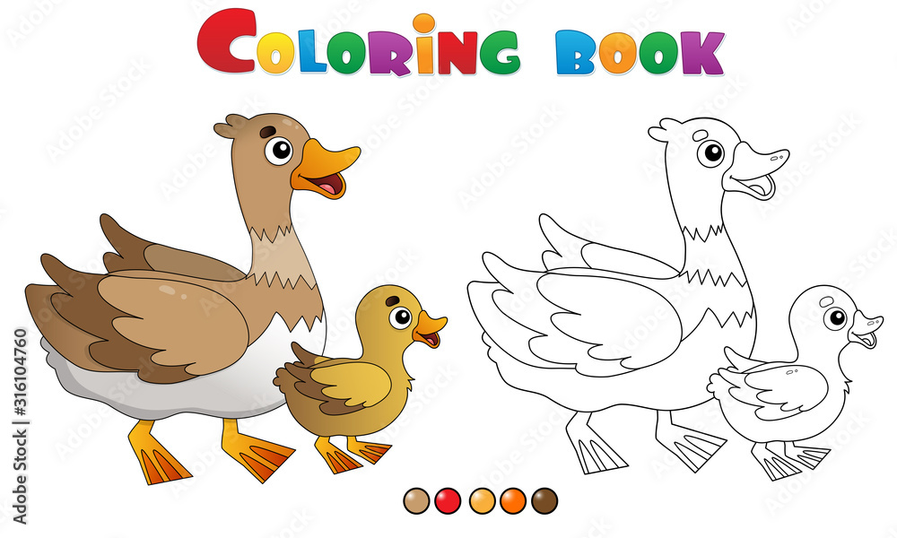 Wall mural coloring page outline of cartoon duck with duckling. farm animals. coloring book for kids.