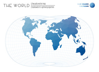 Abstract world map. Laskowski tri-optimal projection of the world. Blue Shades colored polygons. Creative vector illustration.