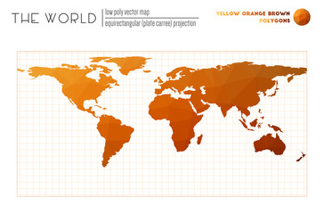 World map in polygonal style. Equirectangular (plate carree) projection of the world. Yellow Orange Brown colored polygons. Creative vector illustration.