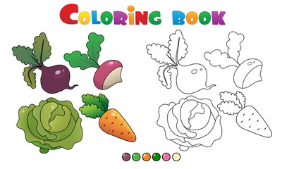Coloring Page Outline of cartoon vegetables. Cabbage, carrot, beet and radish. Coloring book for kids.
